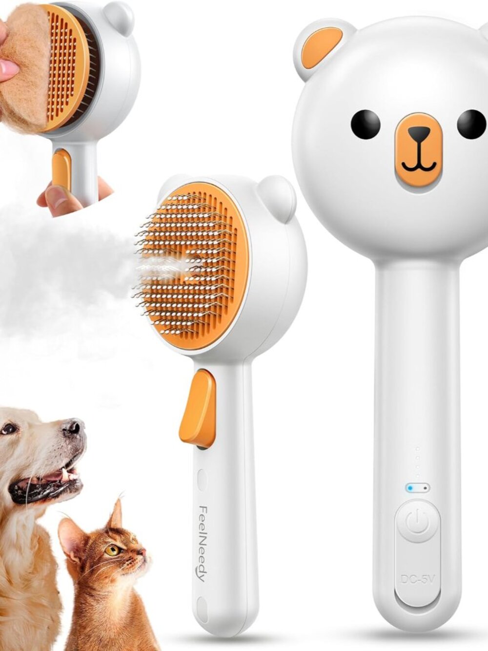 Pet Steam Brush for Dogs & Cats, Brushes for Indoor Cats with Release Button, Du
